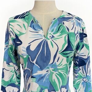 J. McLaughlin Sheath Dress Sz S Blue Green Flower Print Spring Summer Tropical